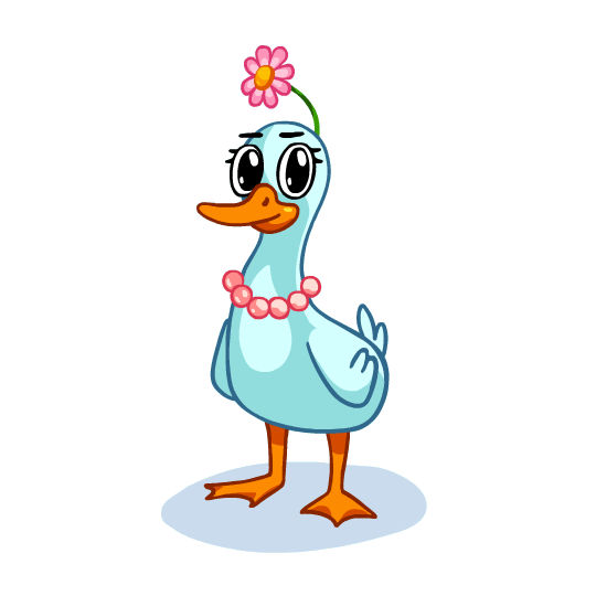 Ducky the duck wearing her necklace and daisy